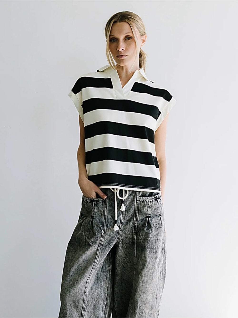 Böhme Ryan Striped Rugby Top Black White Collared XS